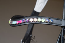 Load image into Gallery viewer, EAGLE Black Snaffle Bridle With White Padded Flash Noseband & Rainbow Crystal Browband