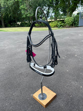 Load image into Gallery viewer, Brigsley - black double bridle with poll pressure reduction headpiece, black patent noseband with white padding