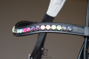 EAGLE Black Snaffle Bridle With White Padded Flash Noseband & Rainbow Crystal Browband