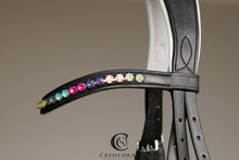 Load image into Gallery viewer, EASTON - Black snaffle bridle with white padded headpiece and crank noseband with a rainbow styled crystal browband