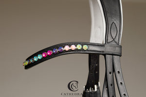 EASTON - Black snaffle bridle with white padded headpiece and crank noseband with a rainbow styled crystal browband