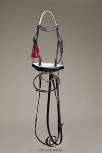 EASTON - Black snaffle bridle with white padded headpiece and crank noseband with a rainbow styled crystal browband