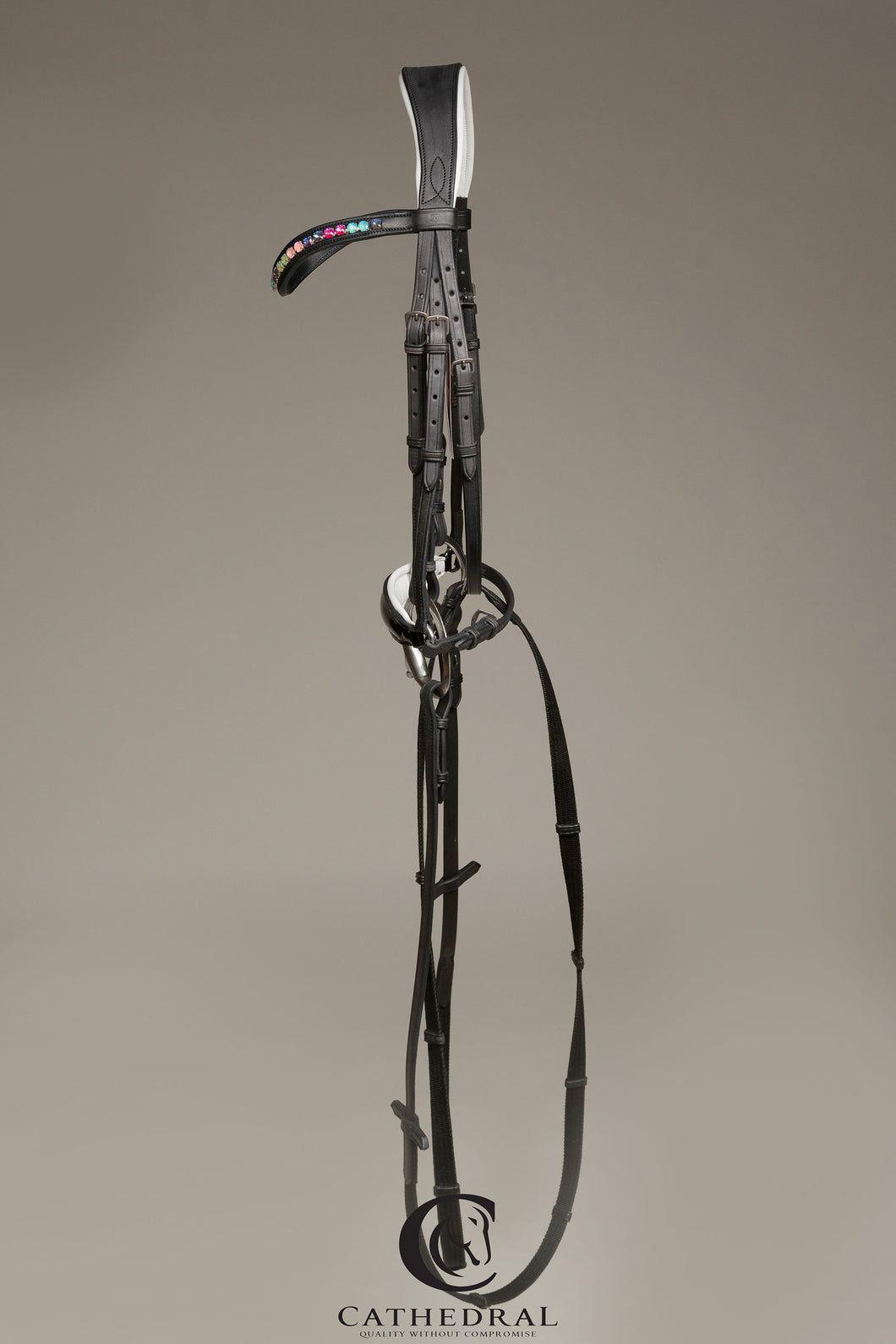 EDLINGTON - Black snaffle bridle with a white padded drop noseband and rainbow crystal styled browband