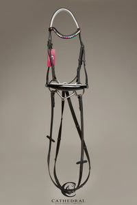EDLINGTON - Black snaffle bridle with a white padded drop noseband and rainbow crystal styled browband