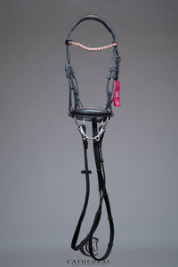 IRBY Black Snaffle Bridle With Rose Gold Piping, Drop Noseband & Rose Gold Crystal Browband