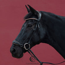 Load image into Gallery viewer, IRBY Black Snaffle Bridle With Rose Gold Piping, Drop Noseband &amp; Rose Gold Crystal Browband