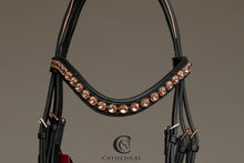 Load image into Gallery viewer, IRNHAM - Black snaffle bridle with drop noseband, rose gold piping and rose gold fittings