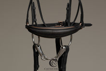 Load image into Gallery viewer, IRNHAM - Black snaffle bridle with drop noseband, rose gold piping and rose gold fittings