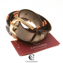 Load image into Gallery viewer, SOMERBY Polo Styled Belt In Navy &amp; Orange On Brown Leather With Brass Hardware
