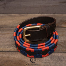 Load image into Gallery viewer, SOMERBY Polo Styled Belt In Navy &amp; Orange On Brown Leather With Brass Hardware