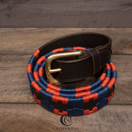 SOMERBY Polo Styled Belt In Navy & Orange On Brown Leather With Brass Hardware