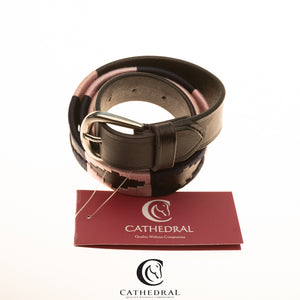 SPILSBY Polo Styled Belt In Navy & Pink On Black Leather With Silver Hardware