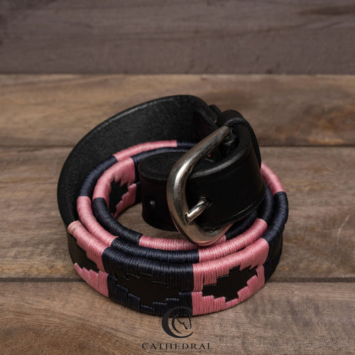 SPILSBY Polo Styled Belt In Navy & Pink On Black Leather With Silver Hardware