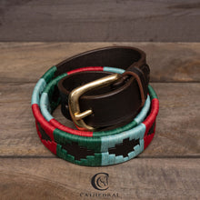 Load image into Gallery viewer, STRUBBY Polo Styled Belt In Green, Red &amp; Light Blue On Brown Leather With Brass Hardware