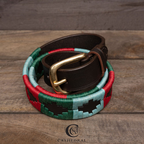 STRUBBY Polo Styled Belt In Green, Red & Light Blue On Brown Leather With Brass Hardware