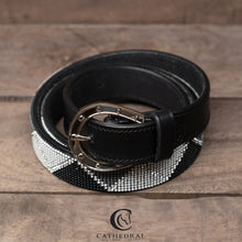 Load image into Gallery viewer, THORPE - Black leather belt with white, silver and grey encrusted crystals in a triangular pattern