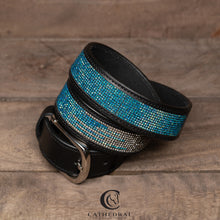 Load image into Gallery viewer, TUMBY - Black leather crystal encrusted belt in turquoise and silver