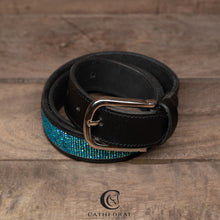 Load image into Gallery viewer, TUMBY - Black leather crystal encrusted belt in turquoise and silver