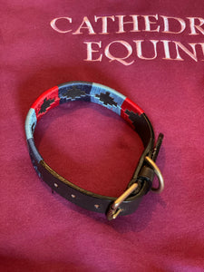 Dog Collar - polo styled navy, light blue and red with brown leather and gold fittings
