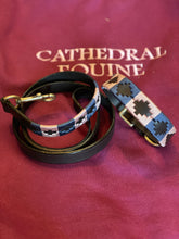 Load image into Gallery viewer, Dog Collar - polo styled pink and blue with brown leather and gold fittings