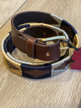 Load image into Gallery viewer, SANDILANDS - polo styled belt in dark gold, navy, and grey on brown leather