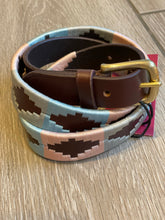 Load image into Gallery viewer, STOW - polo styled belt in pink, light blue and grey on brown leather with gold buckle