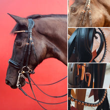Load image into Gallery viewer, AUNSBY - Double bridle with an soft cut away headpiece with rosegold  buckles and crystal browband with double set of matching reins
