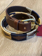 Load image into Gallery viewer, SANDILANDS - polo styled belt in dark gold, navy, and grey on brown leather