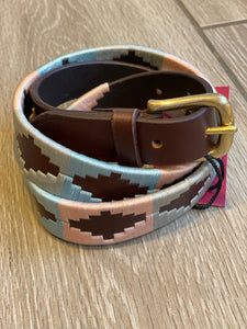 STOW - polo styled belt in pink, light blue and grey on brown leather with gold buckle