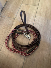 Load image into Gallery viewer, DRAW REINS - Cathedral draw reins in black and brown with maroon rope