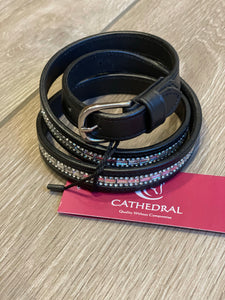 TEALBY - Classy black leather belt with plain silver crystalsb