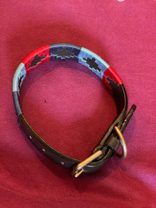 Dog Collar - polo styled navy, light blue and red with brown leather and gold fittings