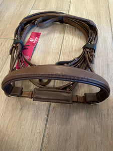 LUSBY brown cavesson snaffle bridle with plain browband and leather continental reins