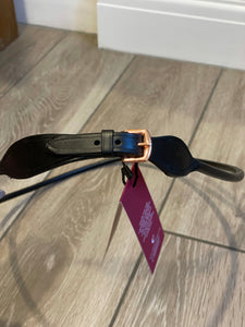 Black rolled leather neck strap with rosegold fitting in