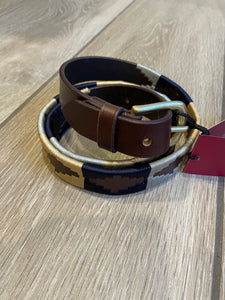 SANDILANDS - polo styled belt in dark gold, navy, and grey on brown leather