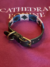 Load image into Gallery viewer, Dog Collar - polo styled pink and blue with brown leather and gold fittings