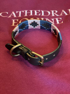 Dog Collar - polo styled pink and blue with brown leather and gold fittings