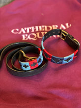 Load image into Gallery viewer, Dog Collar - polo styled navy, light blue and red with brown leather and gold fittings