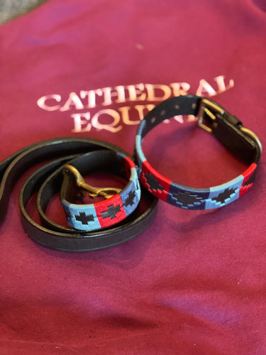 Dog Collar - polo styled navy, light blue and red with brown leather and gold fittings